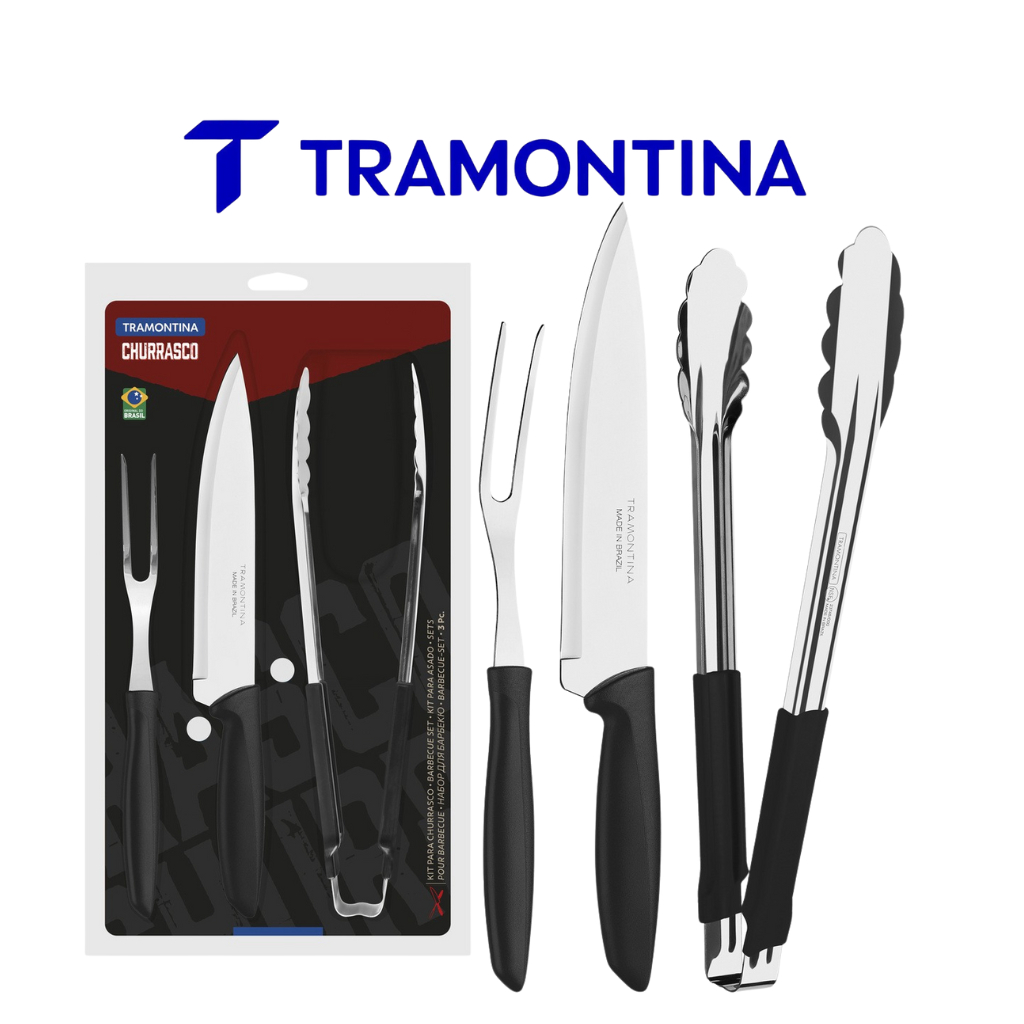 Kit Churrasco Tramontina Plenus 3 Peças Preto Faca Garfo e Pegador Aço Inox Carne Assado Mesa Parrilla Grelha Cozinha