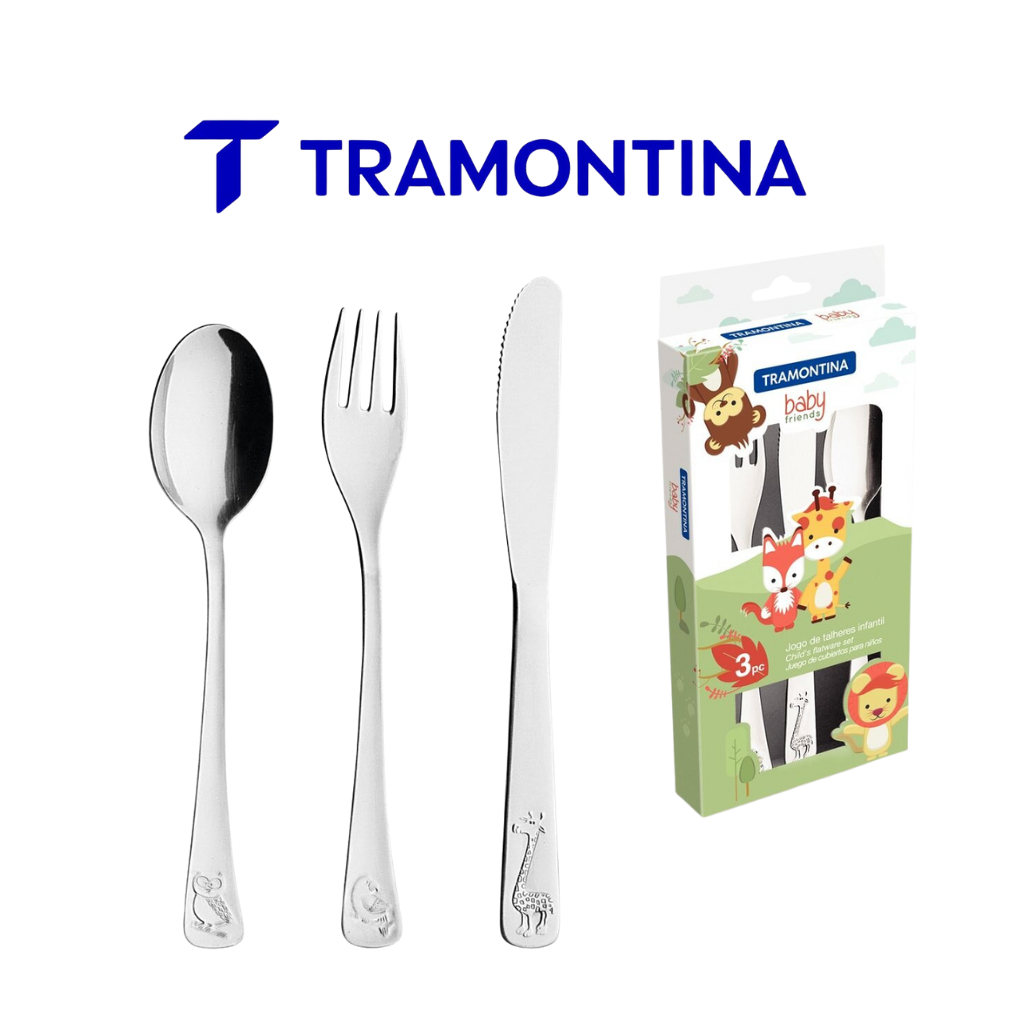 Jogo de Talheres Infantil Tramontina Baby Friends em Aço Inox  com Desenho em Alto Relevo 3 Peças