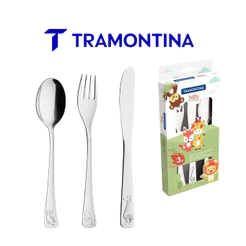 Jogo de Talheres Infantil Tramontina Baby Friends 3 Peças Aço Inox Alto Relevo Bebê Criança Papinha Faca Garfo Colher