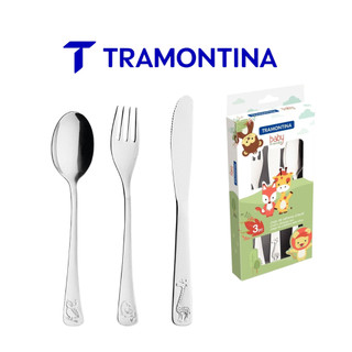 Jogo de Talheres Infantil Tramontina Baby Friends 3 Peças Aço Inox Alto Relevo Bebê Criança Papinha Faca Garfo Colher