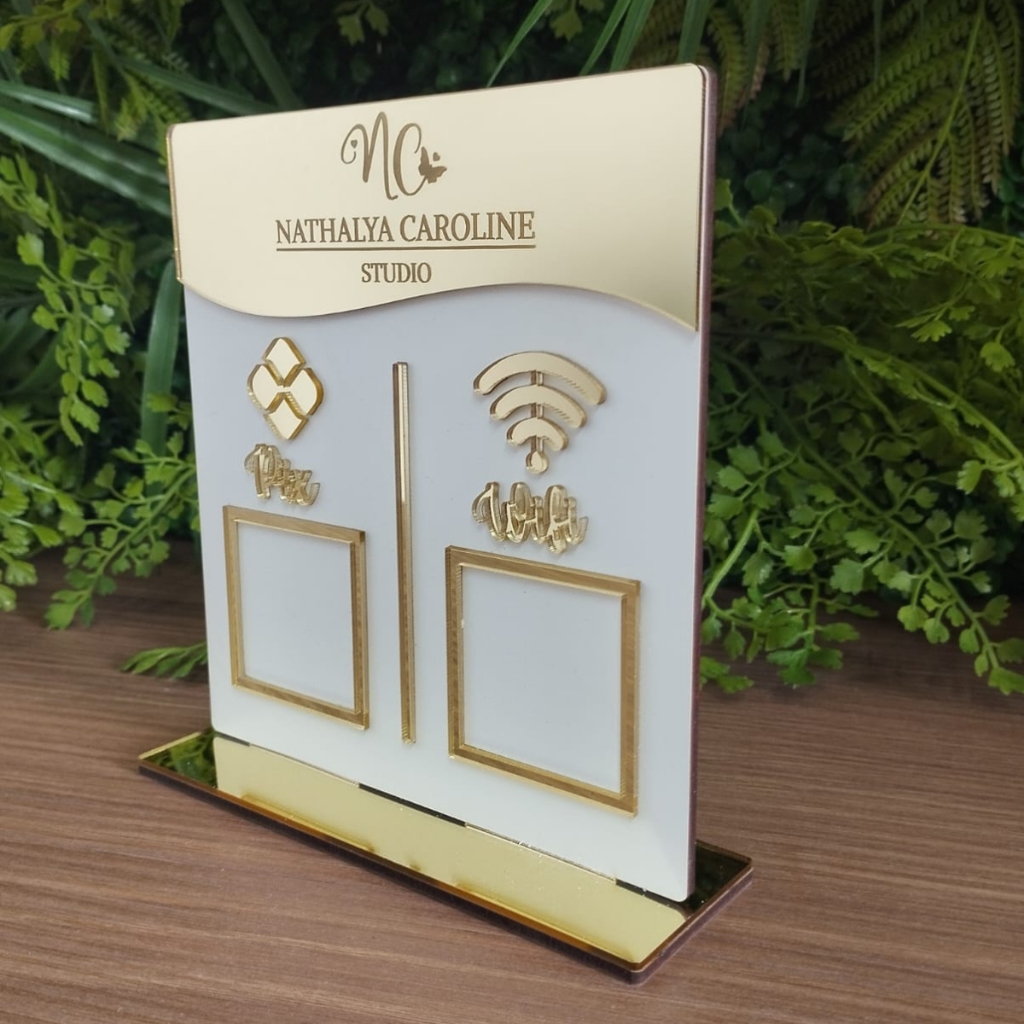 Placa Display 02 Qrcode Pix Wifi Instagram Whatsapp Acrílico Espelhado Mdf Mesa Balcão
