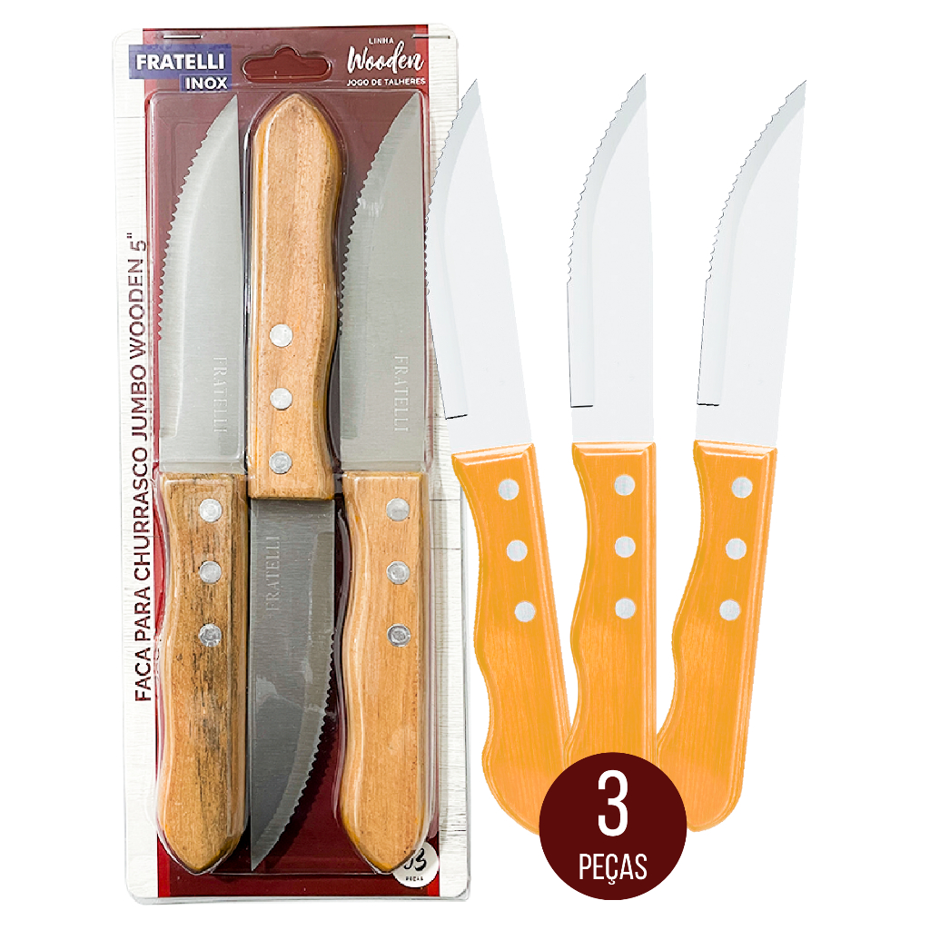Jogo 3 ou 6 Unidades de Facas Inox Cabo de Madeira Wooden Churrasco Cozinha Profissional Premium
