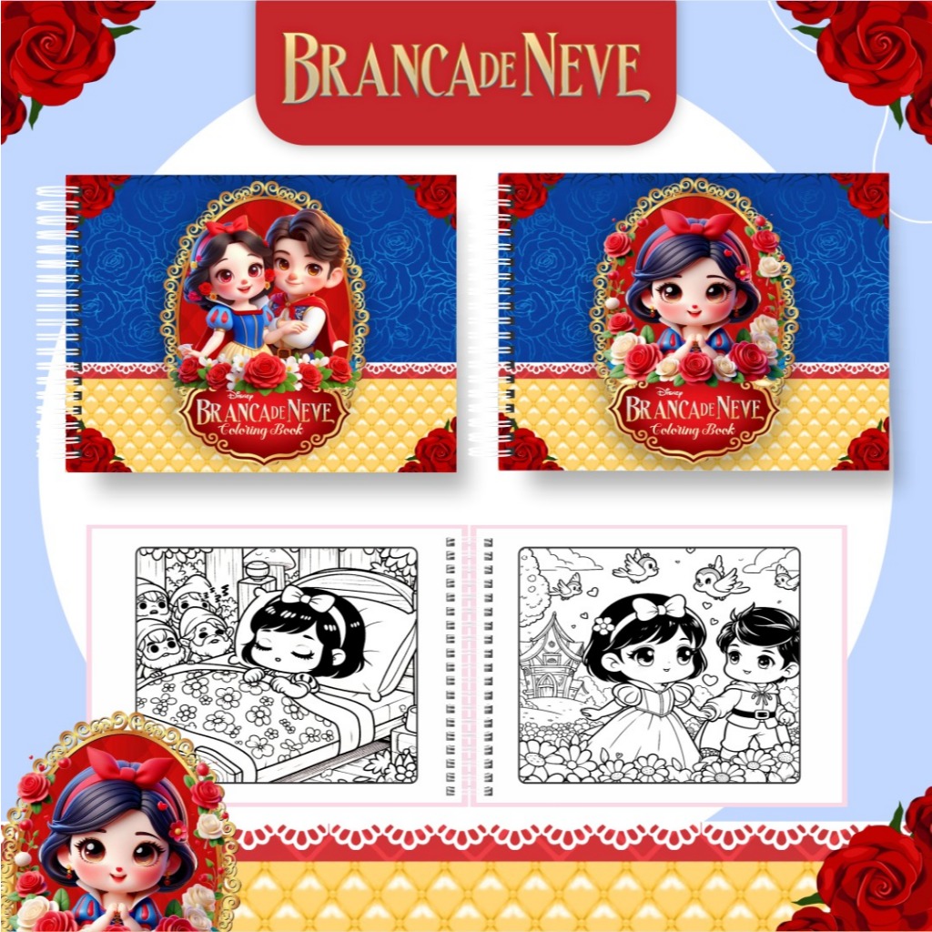 Colorindo Branca de Neve – 50 Páginas Encantadas, em Offset 120g, A5 e Espiral de Metal