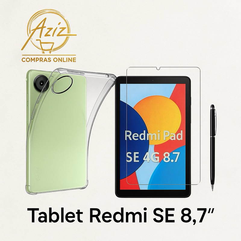 Kit Premium 3 em 1 Redmi SE 8.7” – Capa TPU Antichoque + Película 9D + Caneta Stylus