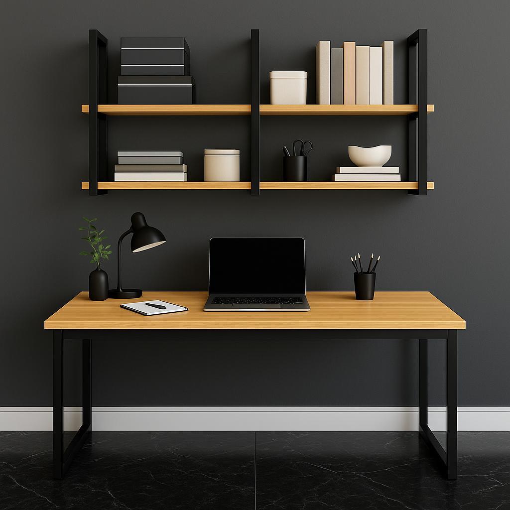 Kit Mesa Escrivaninha Industrial c/ Prateleira Dupla Suspensa em Madeira e Metalon