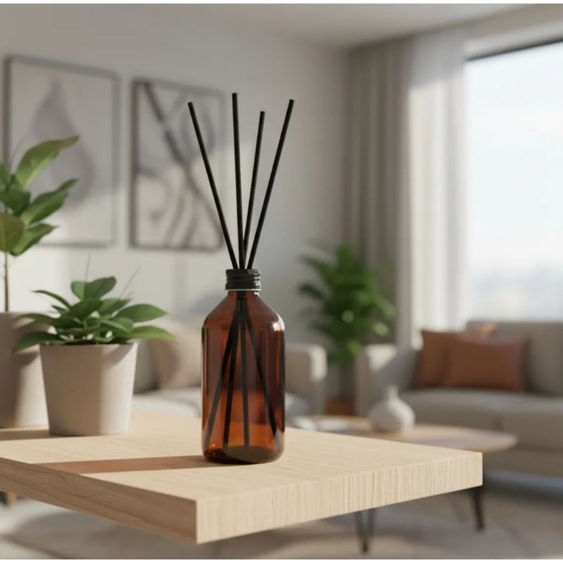 Frasco Âmbar para Difusor 250ml com Tampa Preta e Varetas - Vidro Decorativo