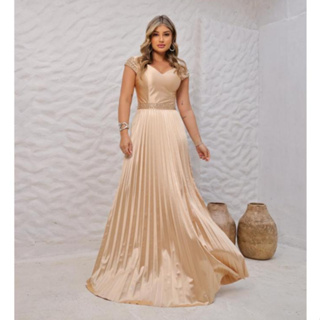 Vestido Longo de Festa Manga Curta com Pedraria Plissado Acetinado Eventos Formatura Casamento em Oferta na Shopee