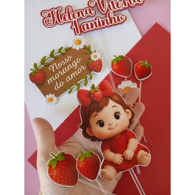 Topper de Bolo Personalizado Nosso Morango do Amor Topo de bolo Moranguinho mesversário aniversário