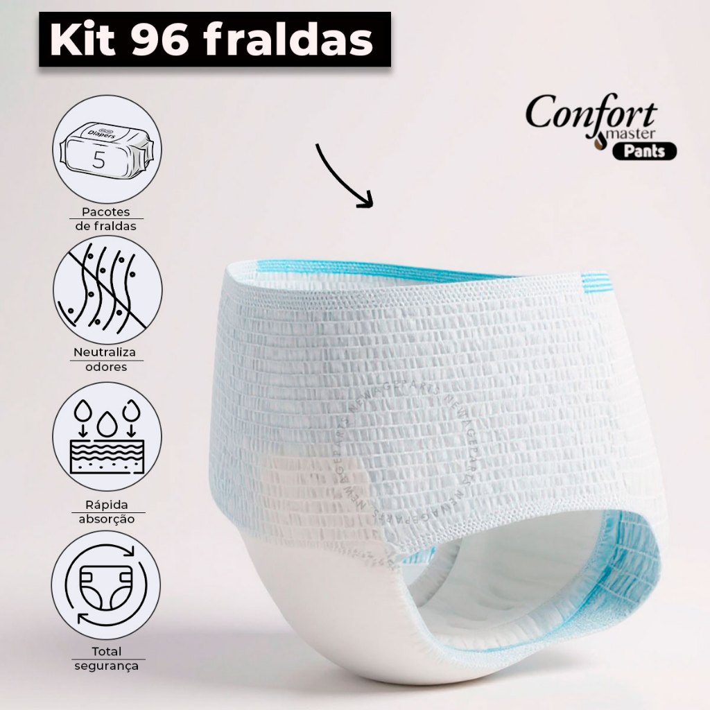Kit 96 Fraldas Geriátrica Pacote Unissex Calcinha/Cueca Descartável Confort Master Pants