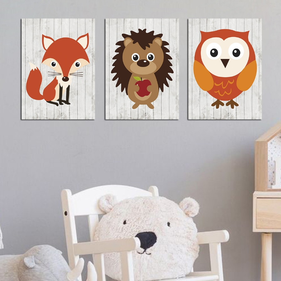 quadros infantil tema minimalistas tons palha laranja animais safari floresta coruja porco espinho rapouza kit 3 20x30cm