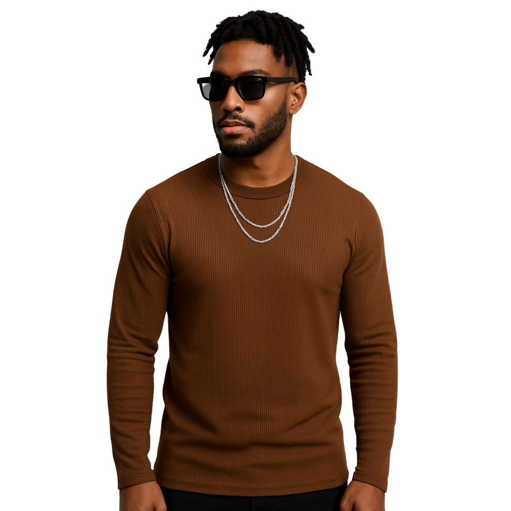 Camisa de Manga Longa Ribana Canelada Blusa Masculina Cacharréu Casual Slim Justa ao Corpo