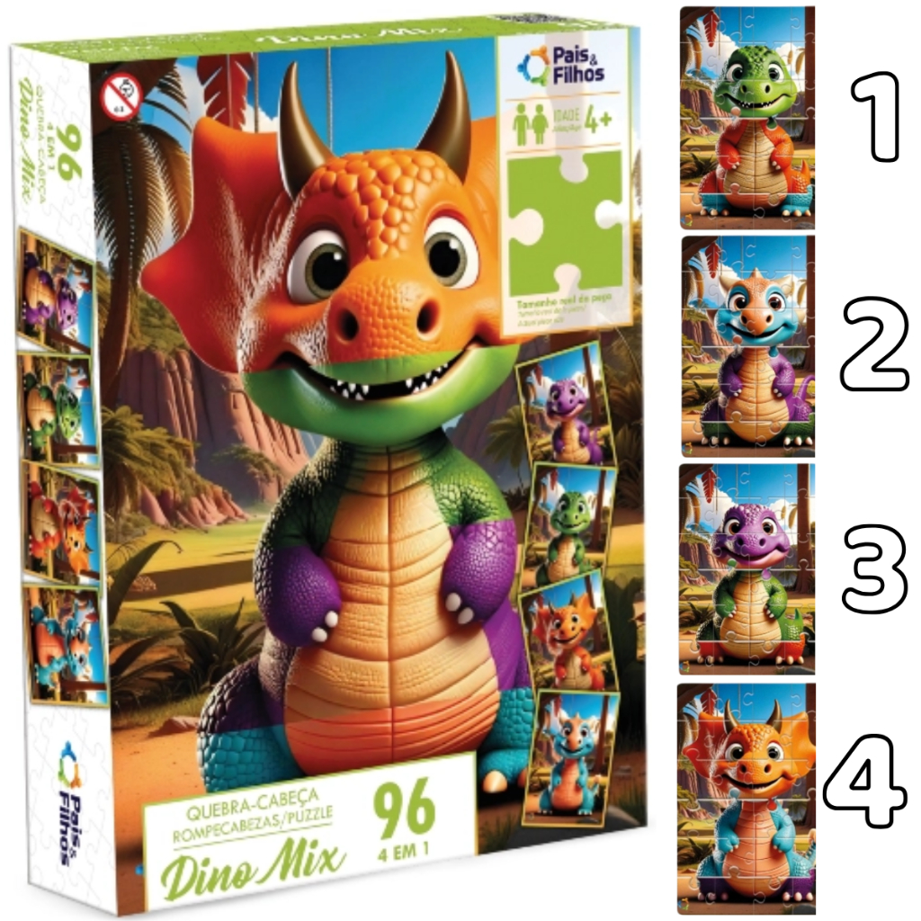 Quebra Cabeça interativo  Dinossauro Dino Mix 4 em 1com 96 peças 4 Formas Diferente de Montar Diversão Aprendizado em Oferta na Shopee