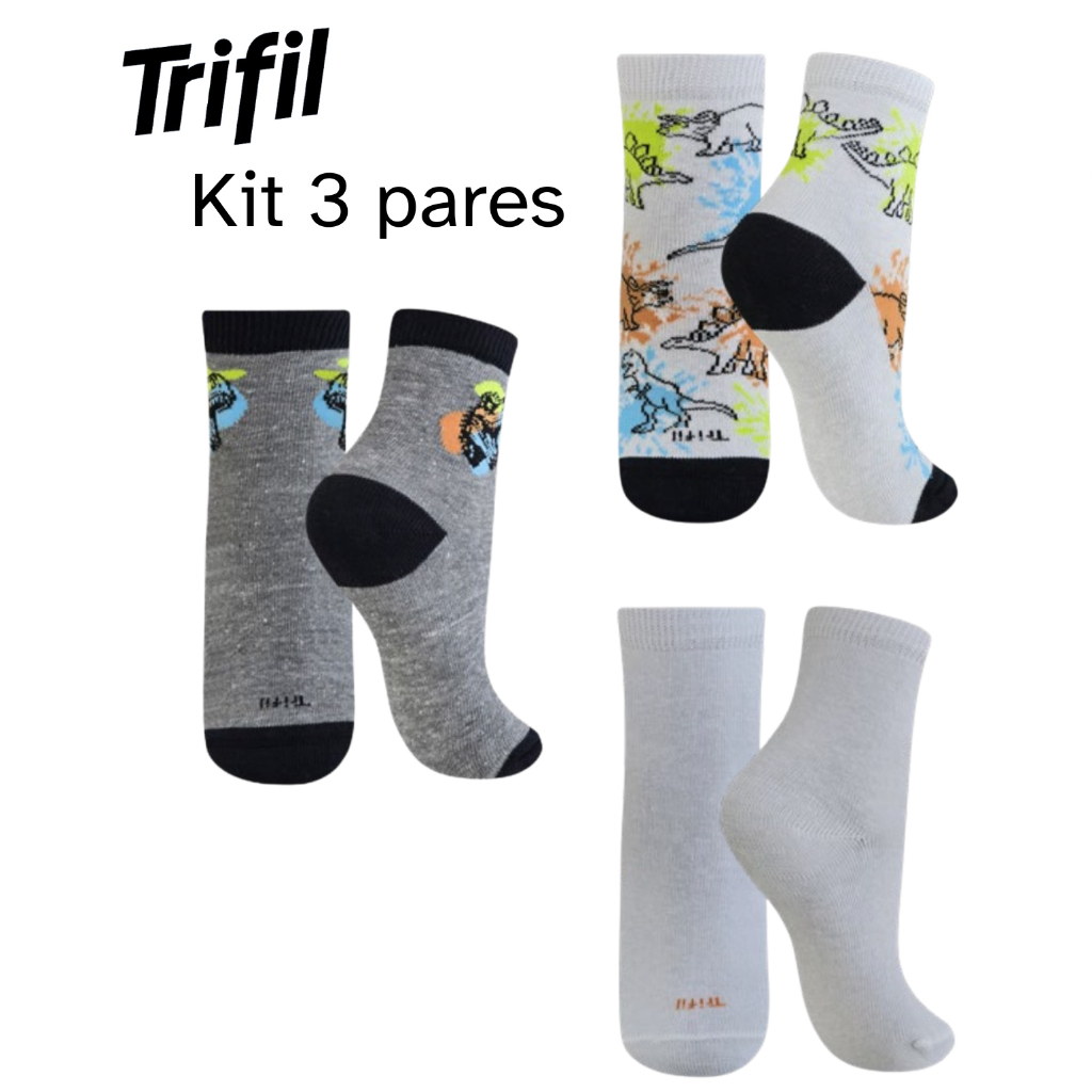 Kit 3 Pares de Meias Infantil Trifil – Conforto e Estilo com Estampa Divertida - Dinossauros Bordados em Oferta na Shopee