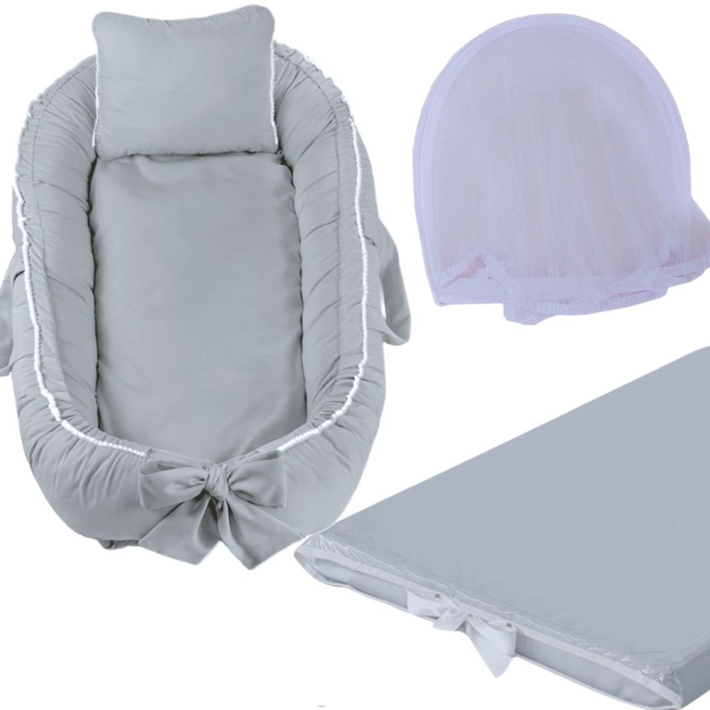 Kit Bebê 4 Peças Ninho Redutor de Berço, Travesseiro + Trocador com Capa Plástica Impermeável e Mosquiteiro