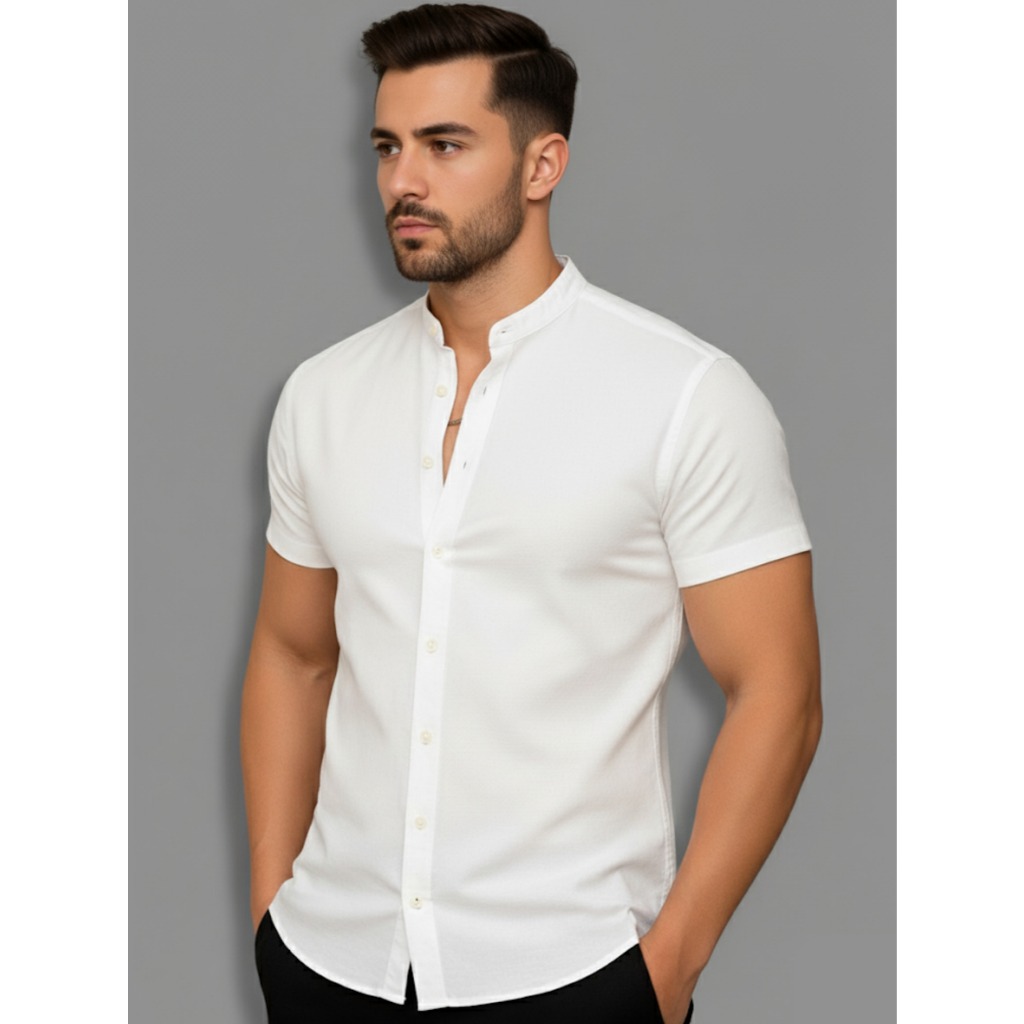 Camisa de botão Camisa Gola Padre  Camisa social  Manga Curta Camisa Masculina Slim