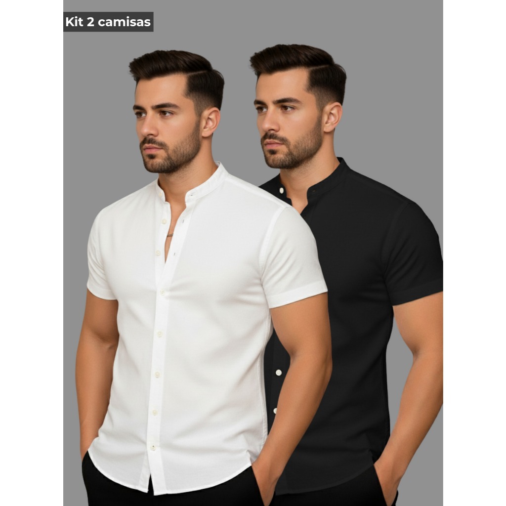 Kit 2 Camisa Social Masculina Manga Curta Gola Padre Slim Spandex Camisa social para escritório