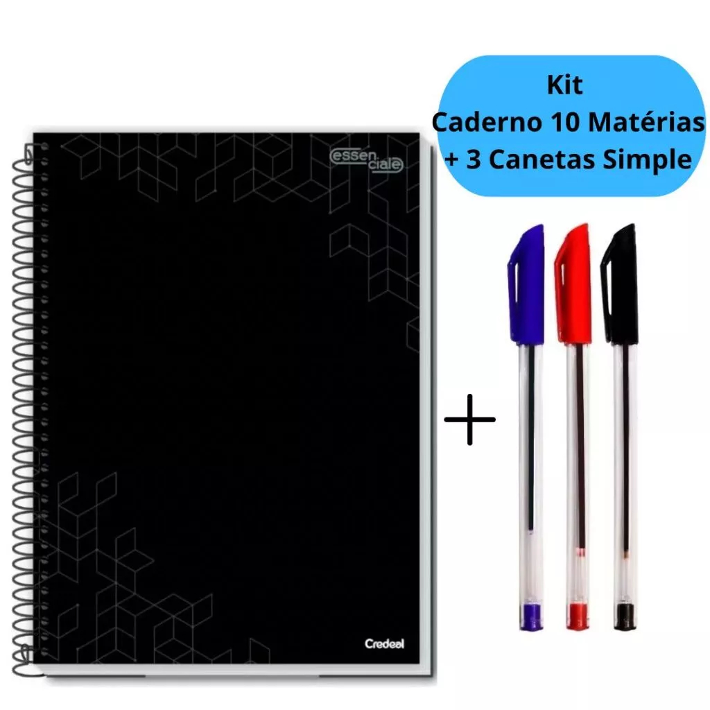 Kit Caderno Universitário 10 Matérias Preto Rosa com 80 Folhas Capa Dura + 3 Canetas Simples Espiral Escolar