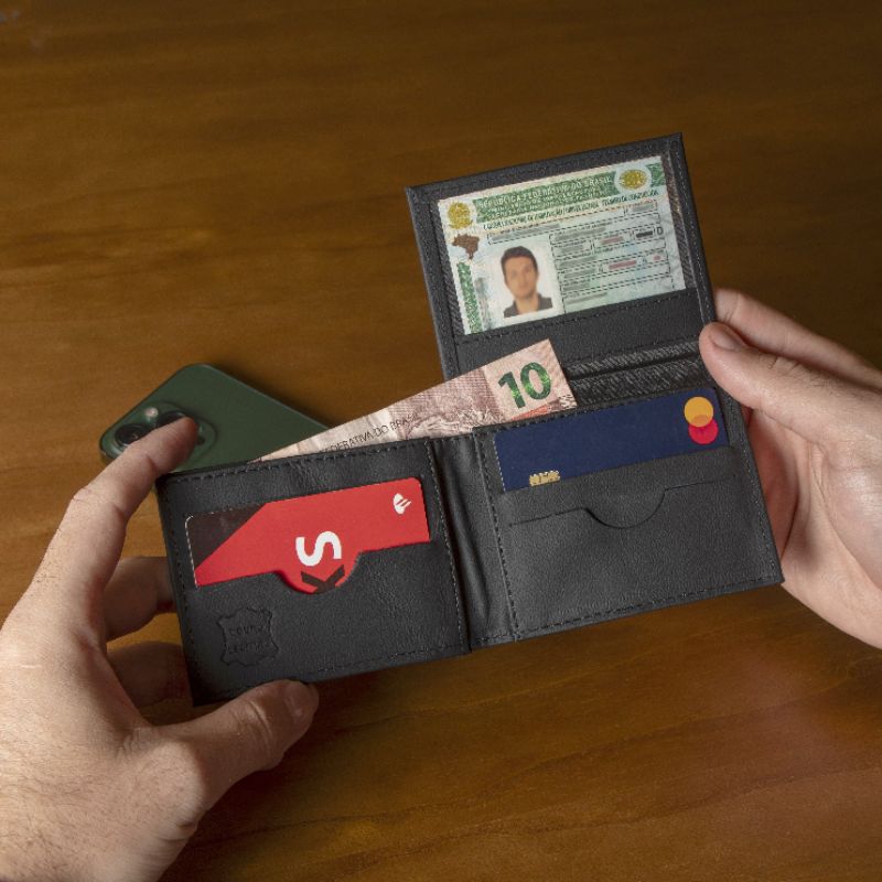 Carteira de Couro Legítimo Masculina Porta CNH Cartão e Cédulas R