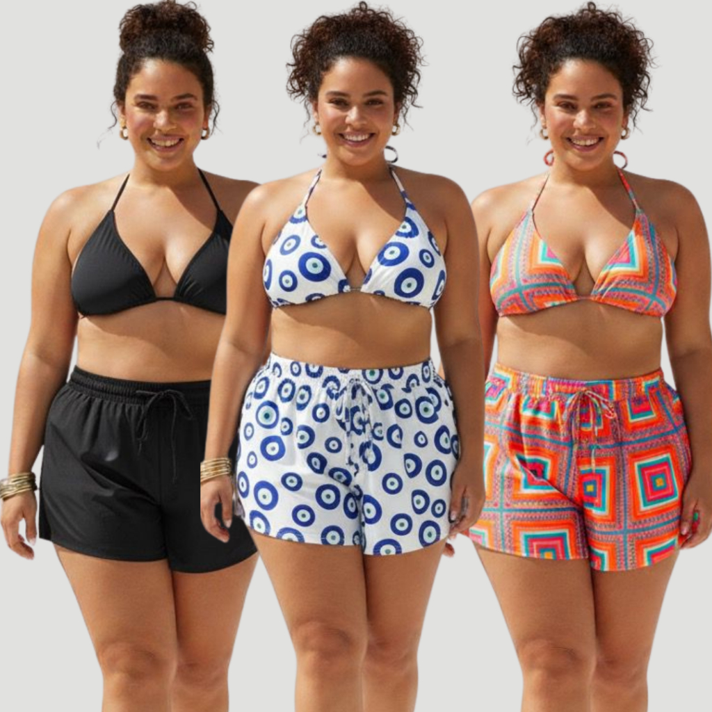 biquini PLUS SIZE com shorts 3 peças triquini conjunto 3 peças  moda praia em Oferta na Shopee