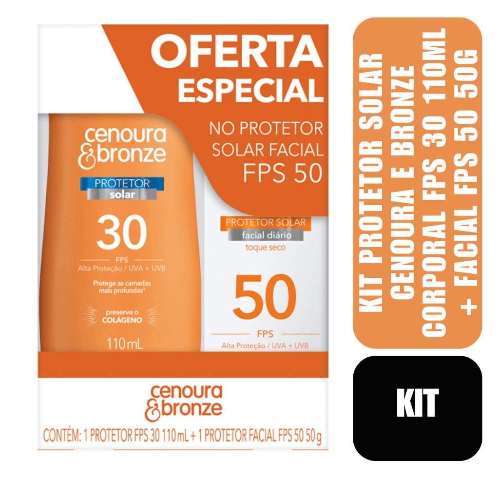 Kit Protetor Solar Cenoura e Bronze Corporal FPS 30 110ml + Facial FPS 50 50g