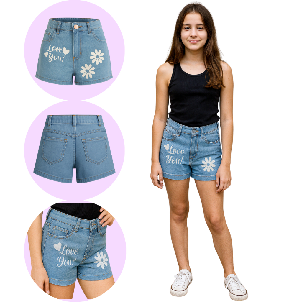Short Jeans Estampado Menina Infantil e Juvenil 8 ao 16