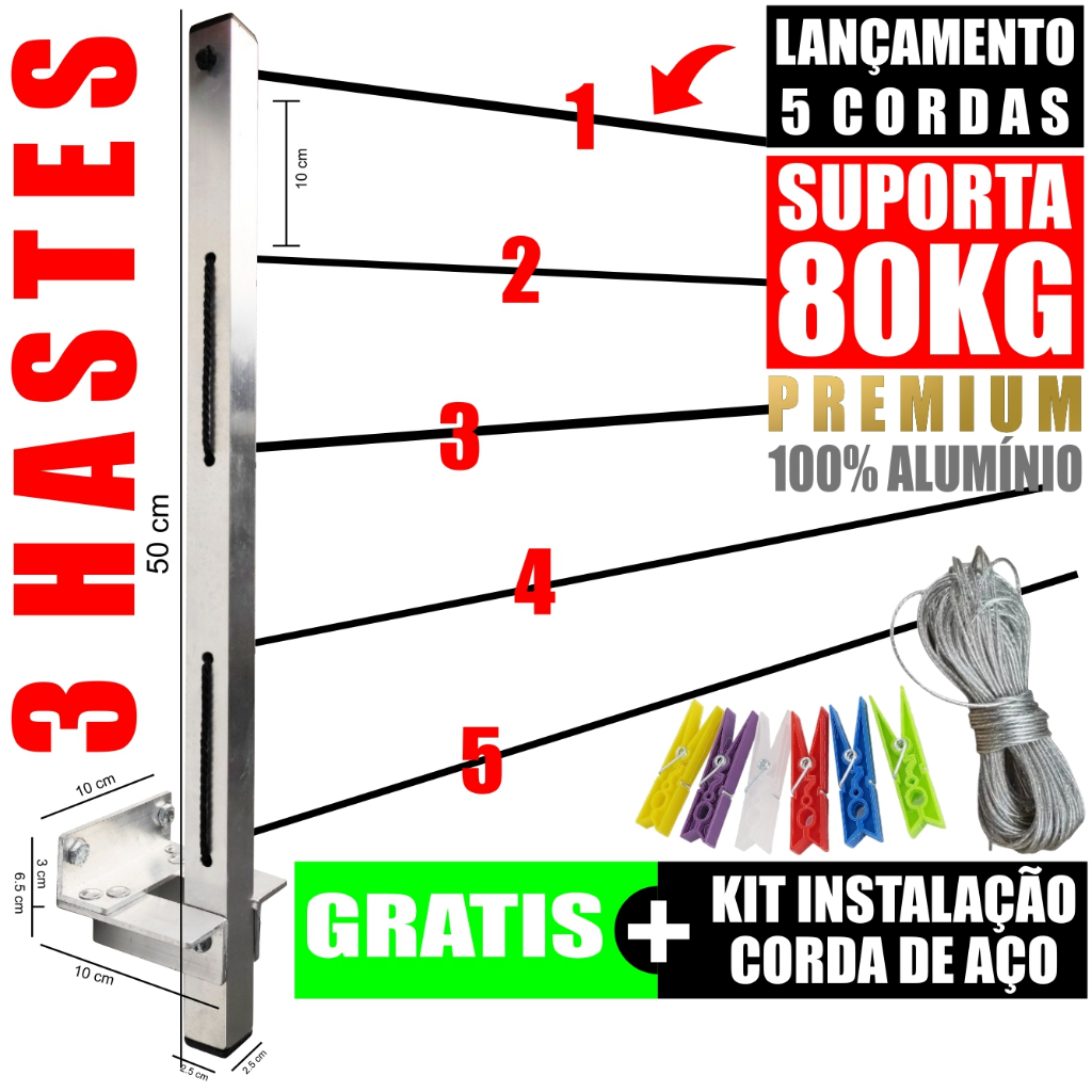 Varal de Roupa de Parede Alumínio Retrátil Apartamento Sacada Kit Net Lavanderia Corredor 3 Hastes