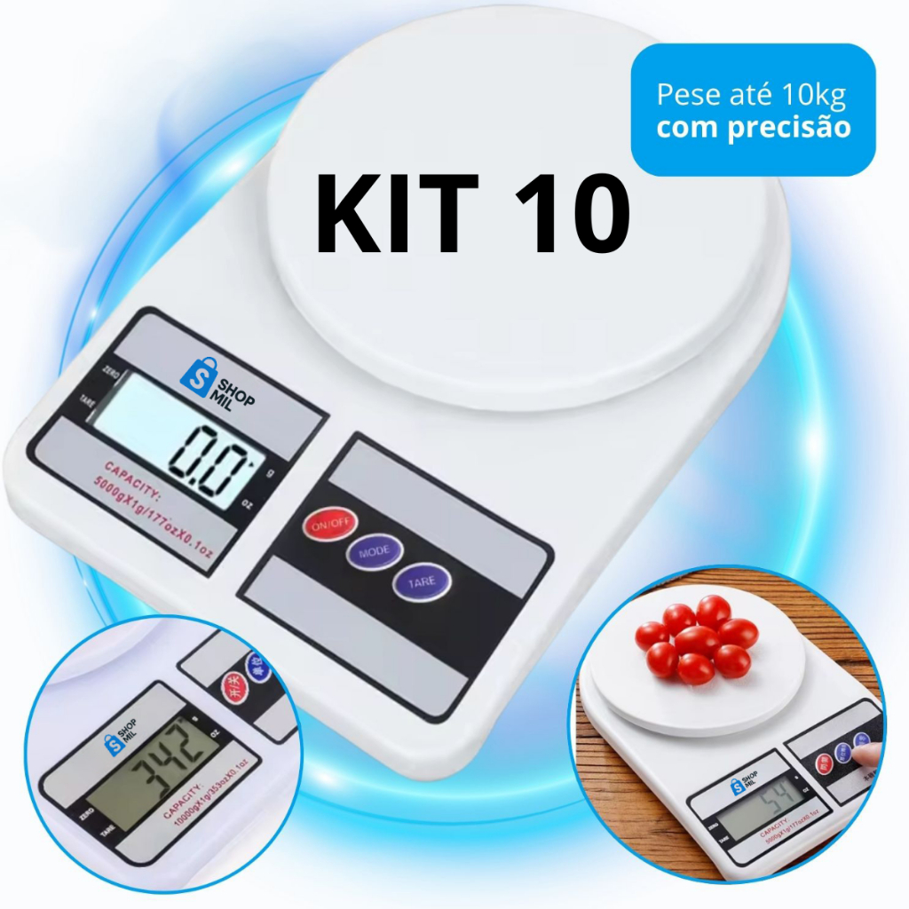 Kit 10 Balança Digital Cozinha 10kg Precisão  Uso Doméstico Profissional Tara Dieta Treino