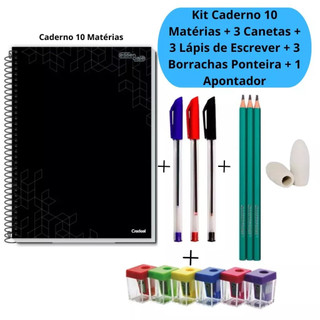 Kit Caderno 10 Matérias + 3 Canetas Simple + 3 Lápis de Escrever + 3 Borrachas Ponteira +…