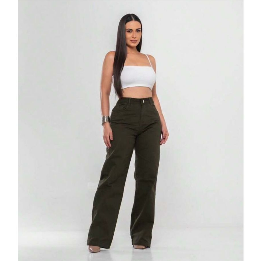Calça Jeans Feminina Wide Leg Cintura Alta Tecido Grosso Pantalona Linha Premium 100% Algodão