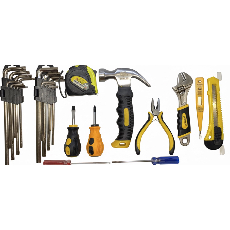 Kit de ferramentas essenciais 24 peças - martelo, alicate, allen, torx Phillips e fenda, chave inglesa, trena, fita