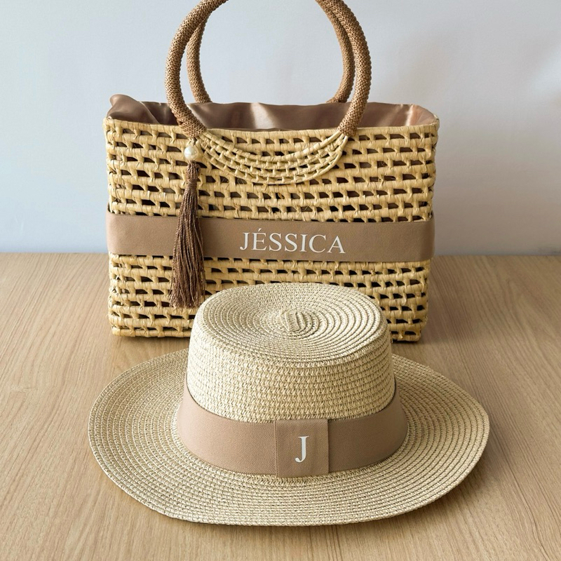 Kit bolsa e chapéu de praia personalizado nome palha noronha