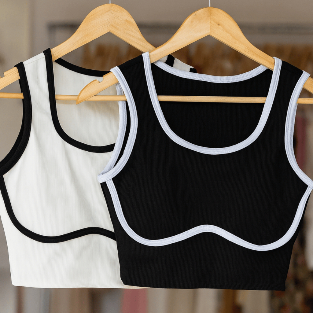 Blusa Feminina Cropped Canelado Regata Bicolor Top Ribana Preto e Branca Alça Duo Color Moda Gringa Básica Mocha Mouse