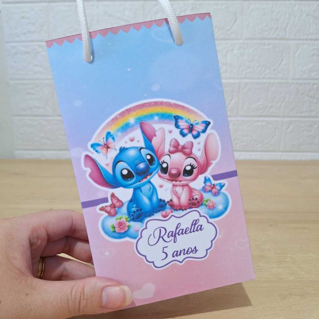 Sacolinha Personalizada Stitch e Angel  PEGUE E MONTE - Sacolinha Personalizada Suspresa - Lembrancinhas