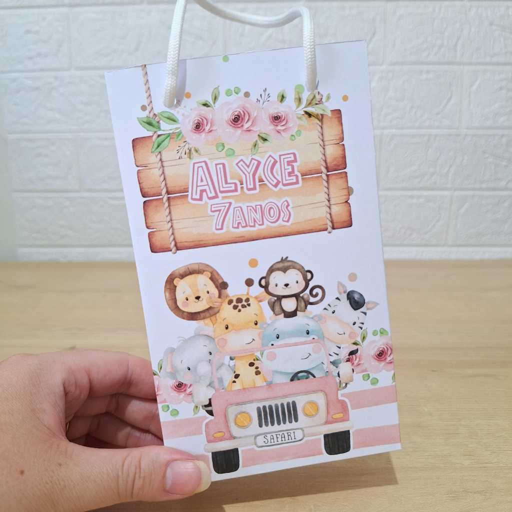 Sacolinha Personalizada Safari Menina Rosa PEGUE E MONTE - Sacolinha Personalizada Suspresa - Lembrancinhas