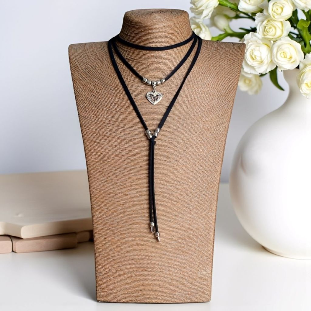 Colar de três voltas couro choker preto bijuterias femininas