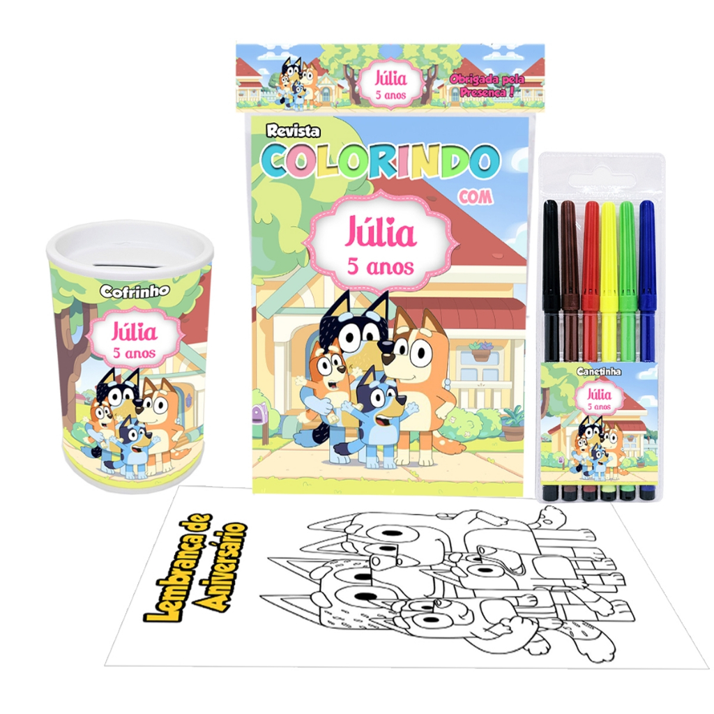 10 Kits Livrinho Livro Revista de Colorir + Canetinha + Cofre Cofrinho Personalizado Bingo e Bluey