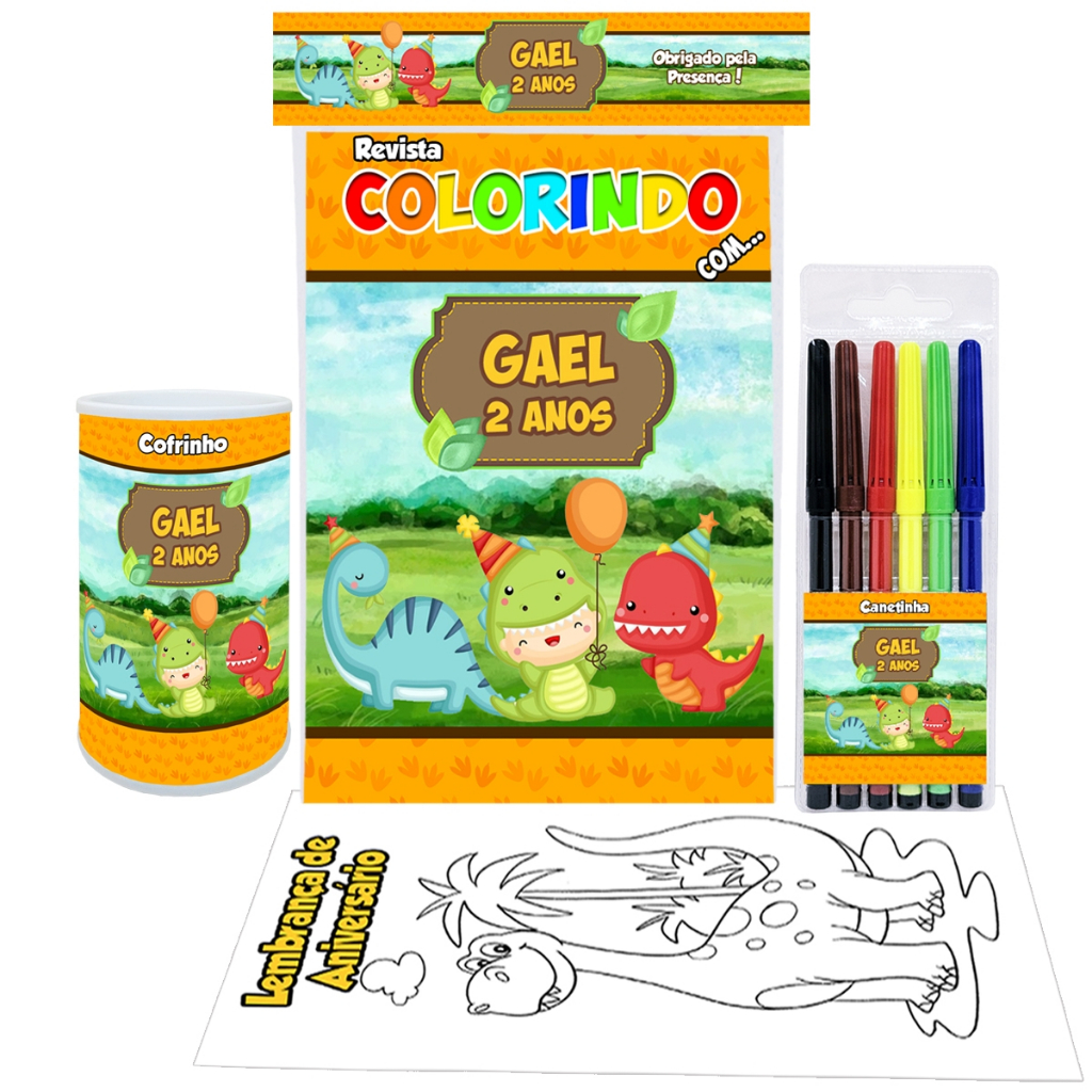 10 Revista de Colorir + Canetinha + Cofrinho Dinossauro Baby Lembrancinhas Personalizadas Infantil