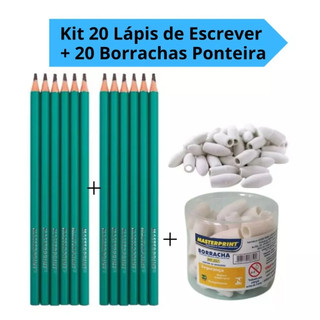 Kit 20 Lápis de Escrever HB N°2 Sextavado + 20 Borrachas Ponteira Desenho Escolar