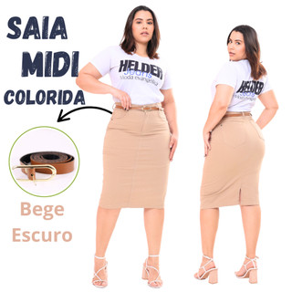 Saia Jeans Midi Evangelica Colorida Cintura Alta com Lycra Cor Bege Escuro