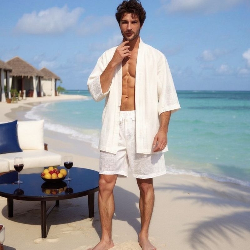Conjunto praiano masculino em lessy kimono e shorts envio imediato