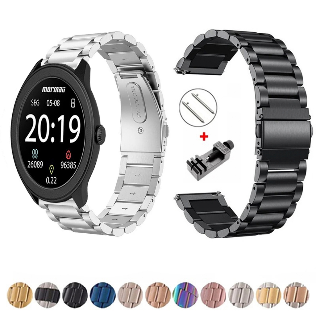 Pulseira de 22mm Metal Elos de aço inox para Smartwatch Mormaii Life Ultra Redondo de Engate Rapido