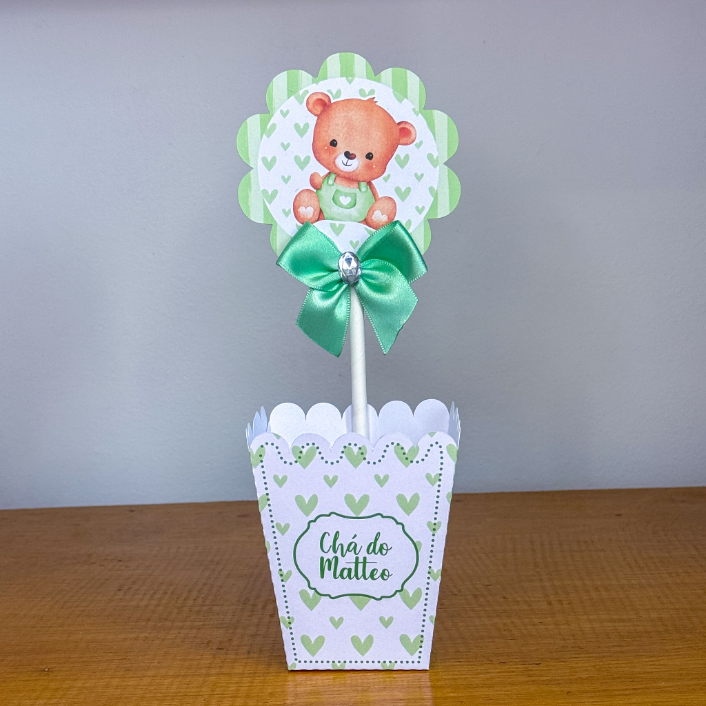 Centro de Mesa Cachepô Chá de Bebê Ursinho Verde - DIY Pegue e Monte, Lembrancinhas Personalizadas