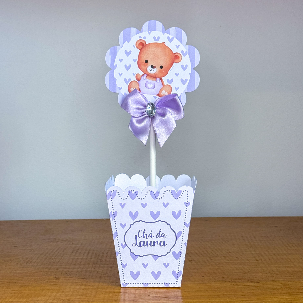 Cachepô Chá de Bebê Ursinho Lilas - Pegue e Monte | Lembrancinha Personalizada DIY