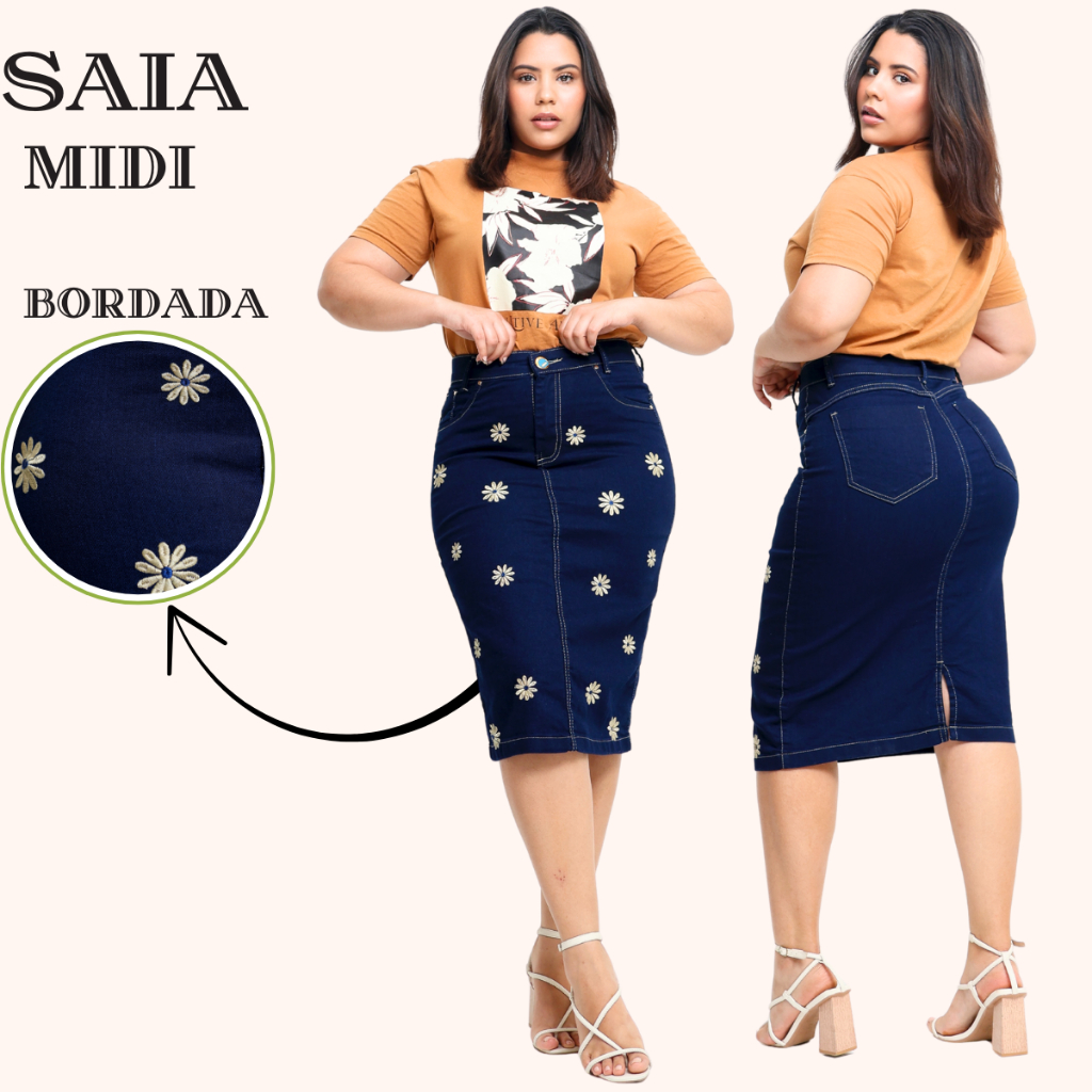 Saia Jeans Midi Evangelica Com Lindo Bordado  Cintura Alta com Lycra Premium em Oferta na Shopee
