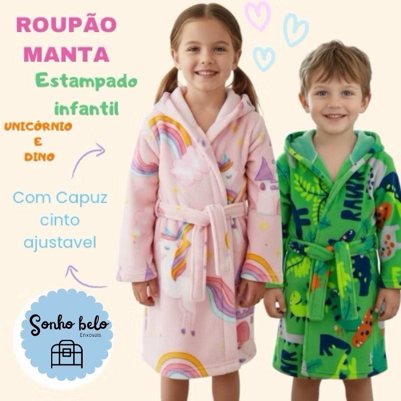 Roupão Infantil de Frio com Capuz – Unicórnio Rosa & Dino Verde, Macio e Quentinho em Oferta na Shopee