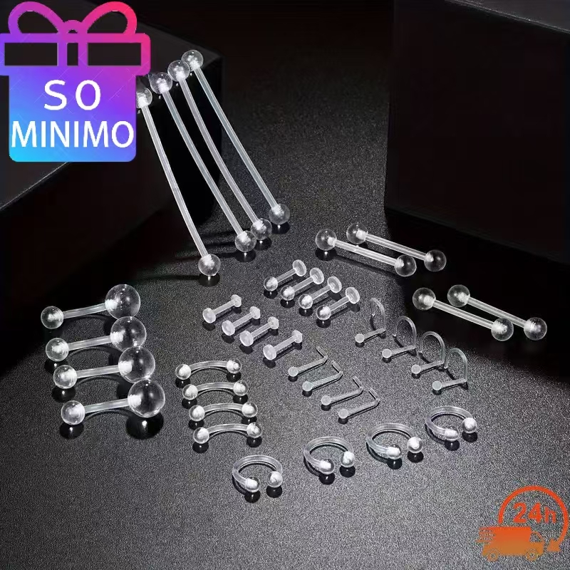 Kit com 30 Peças de Piercing Corporal Transparente - Barbell Industrial, Sobrancelha, Lábio, Nariz em Oferta na Shopee