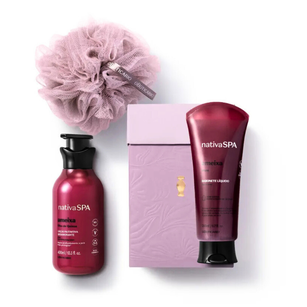 Kit Presente Nativa SPA Ameixa (Loção Hidratante Corporal / Sabonete Liquido Corporal / Esponja de Banho) O boticario