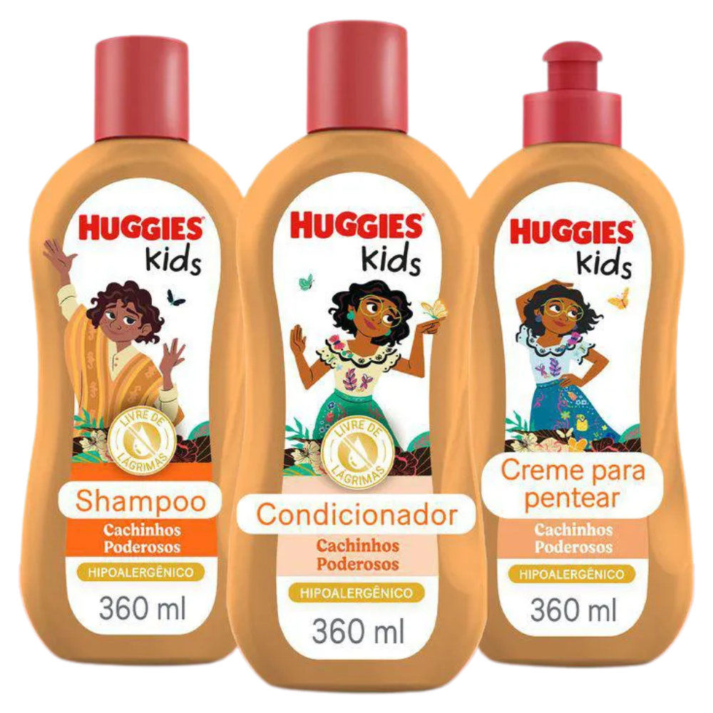 Kit Huggies Kids Cachinhos Poderosos 3 Itens | Shampoo + Condicionador + Creme para Pentear | Hipoalergênico 360ml em Oferta na Shopee