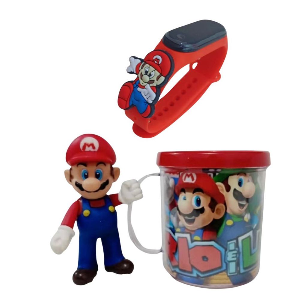 Kit 3, Boneco do Mario + Relogio Digital + Caneca Personalizada Super Mario Word
