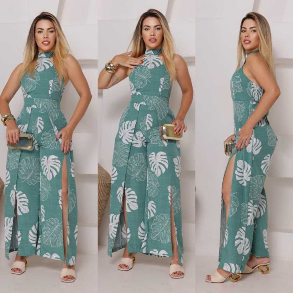 Macacão Social Longo Elegante Frente Única Fenda Frontal Lastex nas Costas